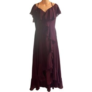 VNAIX Burgundy Full Length Bridesmaid Ruffle Dress Thin Straps and Corset Back